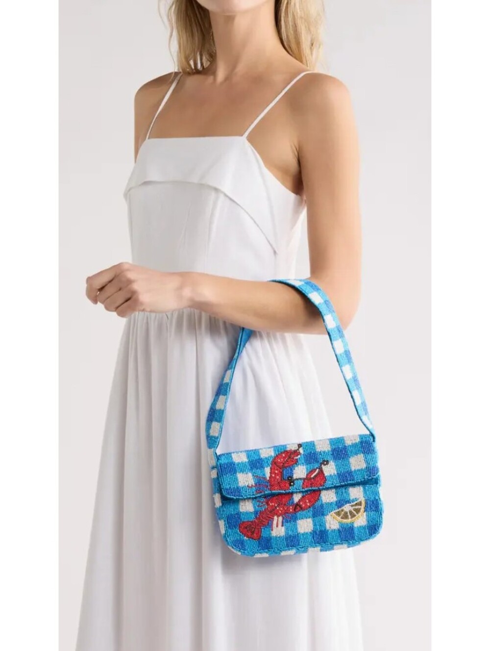 Viral 🎥 SOL and MER Blue Gingham Beaded Lobster and Lemon Shoulder Bag 🦞 - Picture 3 of 16